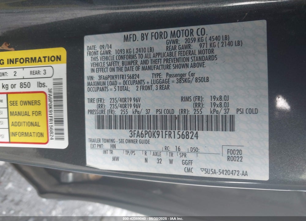 2015 FORD FUSION VIN: 3FA6P0K91FR156824