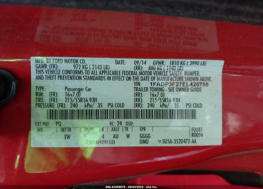 2014 FORD FOCUS VIN: 1FADP3F27EL426755
