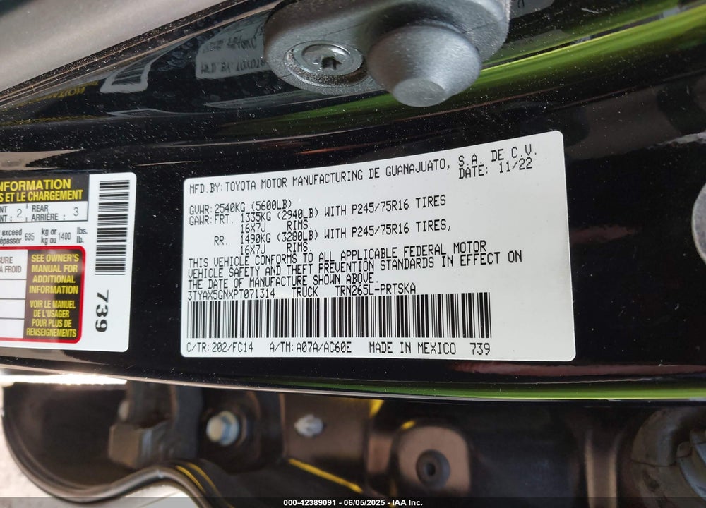 2023 TOYOTA TACOMA VIN: 3TYAX5GNXPT071314