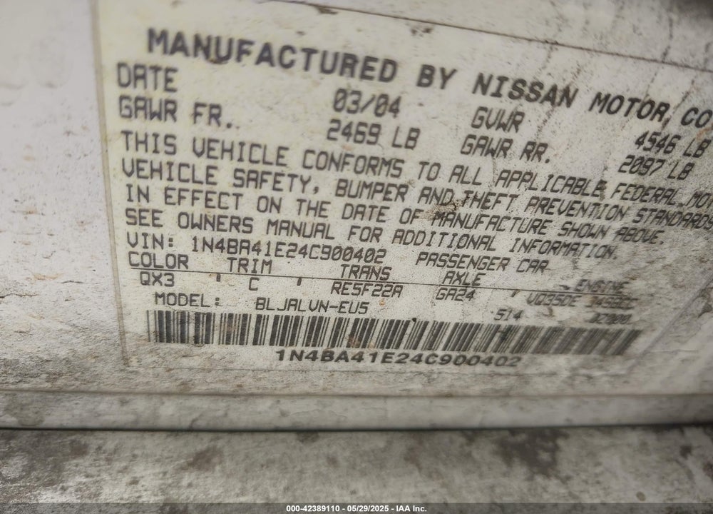 2004 NISSAN MAXIMA 3.5 SL VIN: 1N4BA41E24C900402