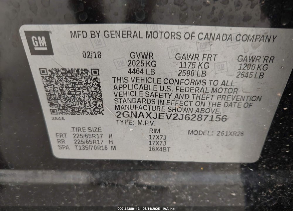 2018 CHEVROLET EQUINOX VIN: 2GNAXJEV2J6287156