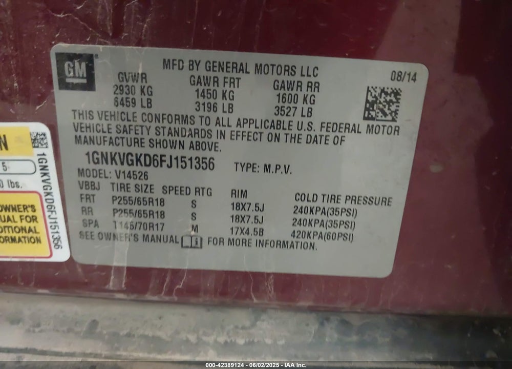 2015 CHEVROLET TRAVERSE VIN: 1GNKVGKD6FJ151356