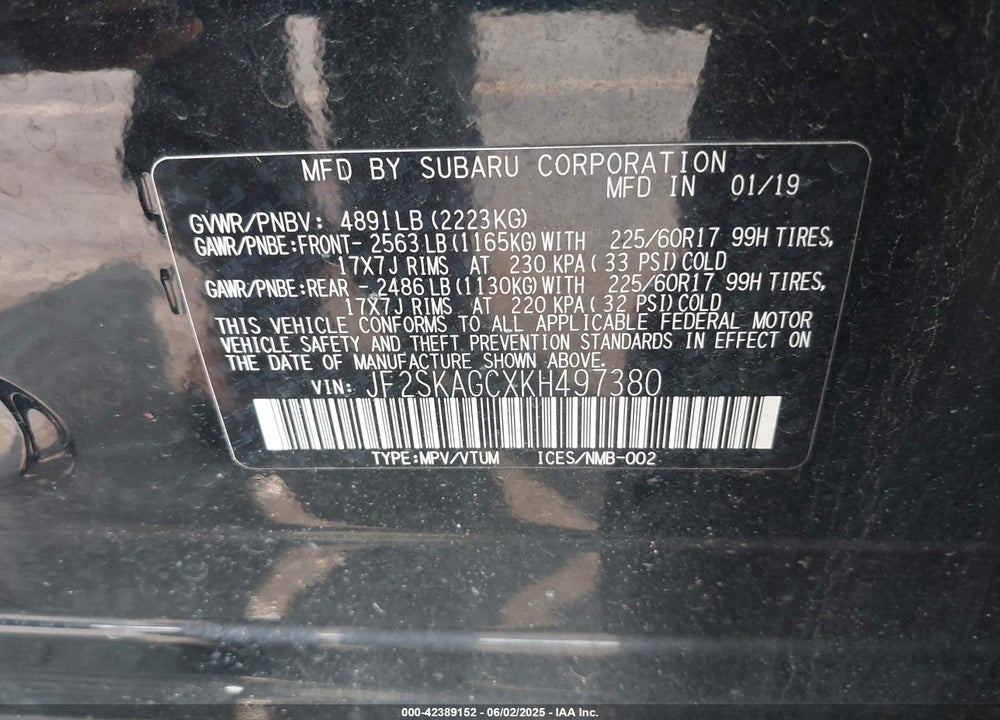 2019 SUBARU FORESTER VIN: JF2SKAGCXKH497380