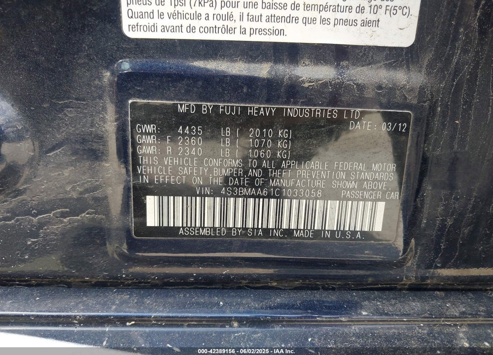 2012 SUBARU LEGACY 2.5I VIN: 4S3BMAA61C1033058