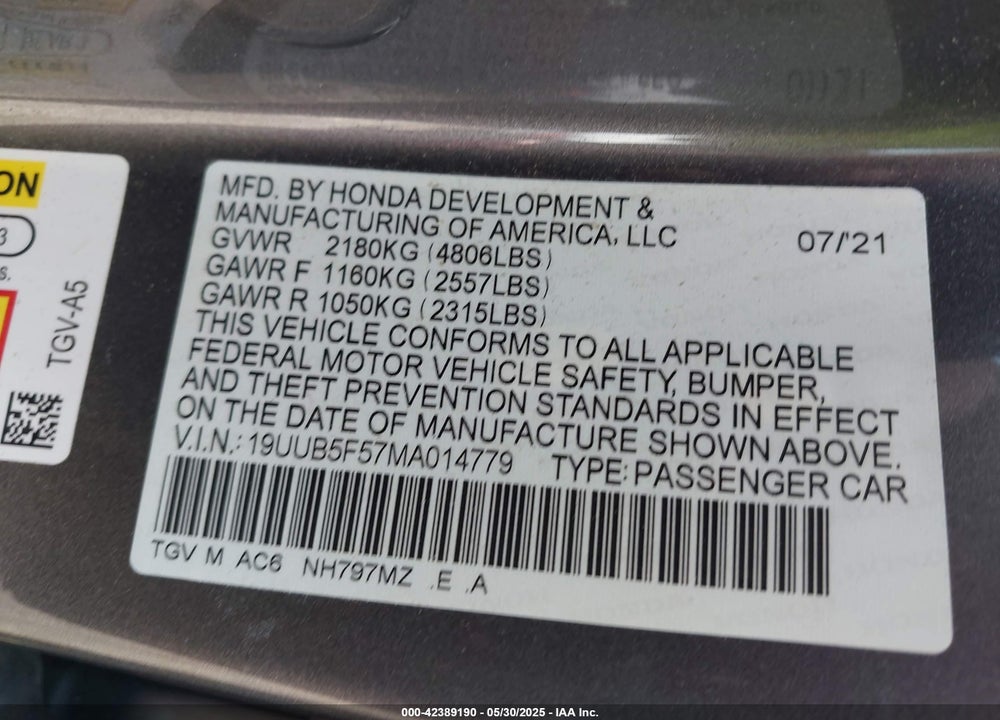 2021 ACURA TLX A-SPEC PACKAGE VIN: 19UUB5F57MA014779