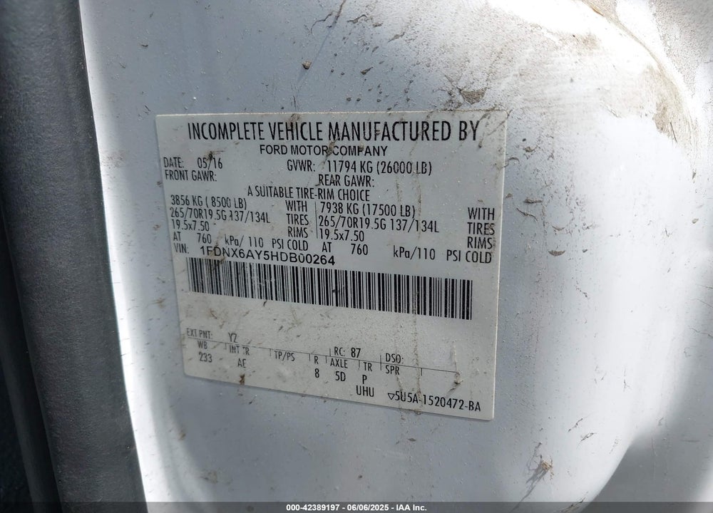 2017 FORD F-650 GAS VIN: 1FDNX6AY5HDB00264