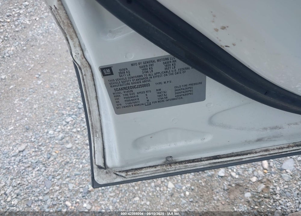 2012 BUICK ENCLAVE VIN: 5GAKRCED9CJ250803