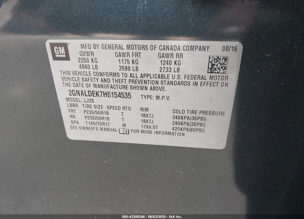 2017 CHEVROLET EQUINOX VIN: 2GNALDEK7H6154535