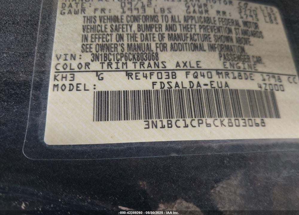 2012 NISSAN VERSA VIN: 3N1BC1CP6CK803068