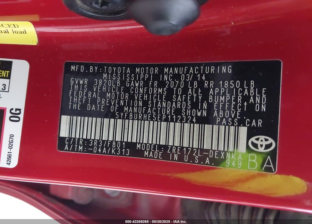 2014 TOYOTA COROLLA VIN: 5YFBURHE5EP112324