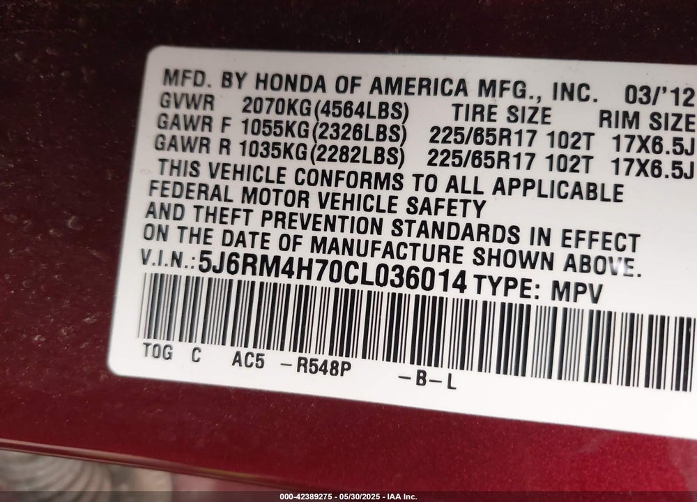 2012 HONDA CR-V VIN: 5J6RM4H70CL036014