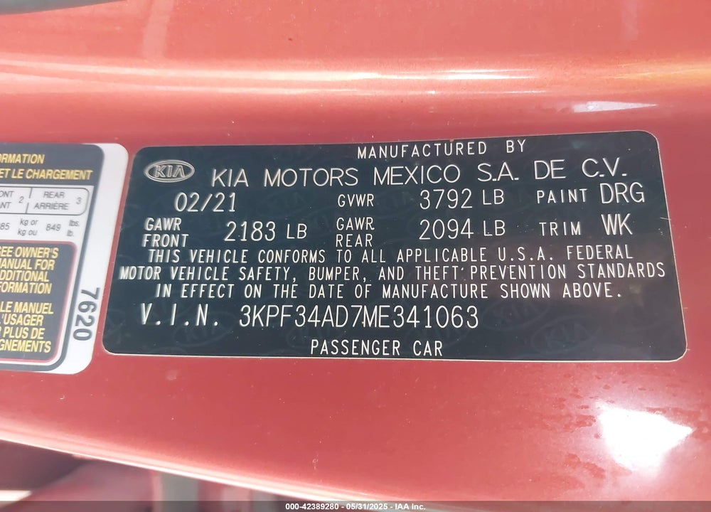 2021 KIA FORTE VIN: 3KPF34AD7ME341063