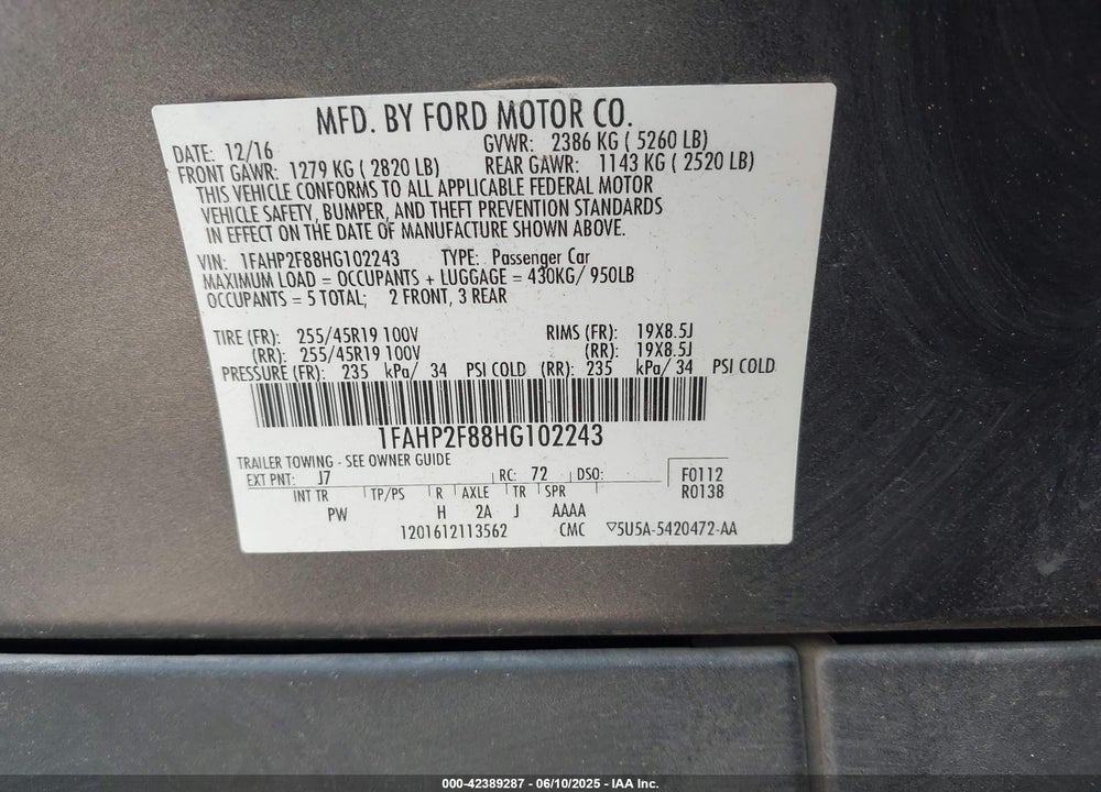 2017 FORD TAURUS VIN: 1FAHP2F88HG102243