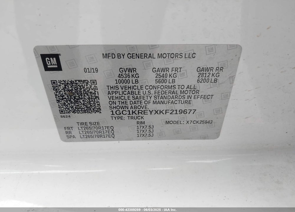 2019 CHEVROLET SILVERADO 2500HD VIN: 1GC1KREYXKF219677