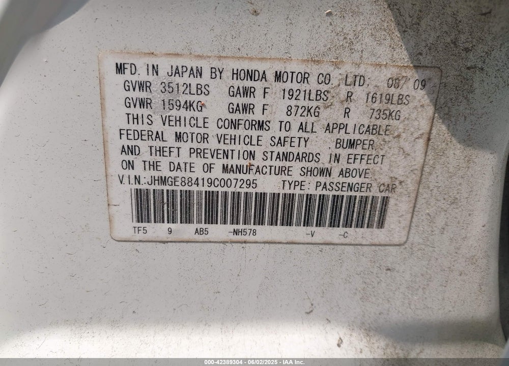 2009 HONDA FIT VIN: JHMGE88419C007295