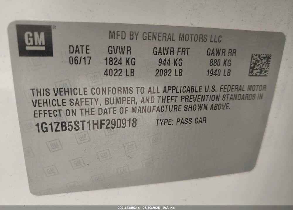 2017 CHEVROLET MALIBU VIN: 1G1ZB5ST1HF290918