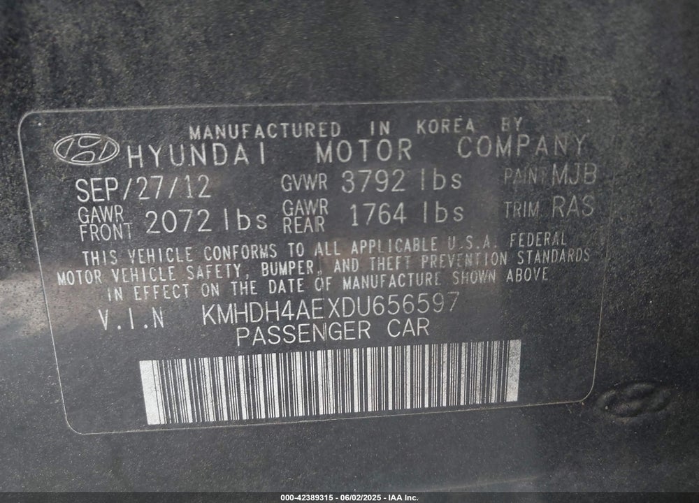 2013 HYUNDAI ELANTRA VIN: KMHDH4AEXDU656597