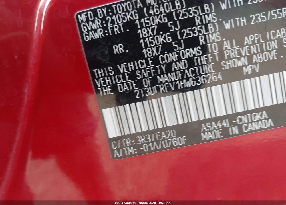 2017 TOYOTA RAV4 VIN: 2T3DFREV1HW636264