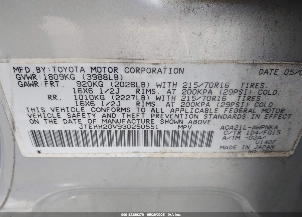 2003 TOYOTA RAV4 VIN: JTEHH20V930250551