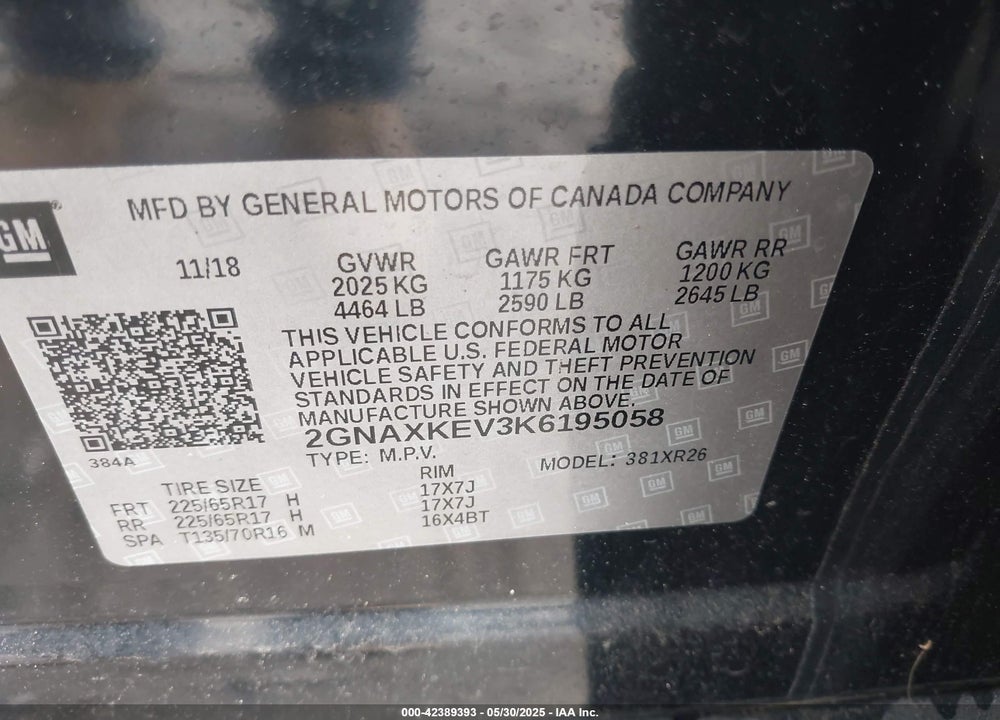 2019 CHEVROLET EQUINOX VIN: 2GNAXKEV3K6195058