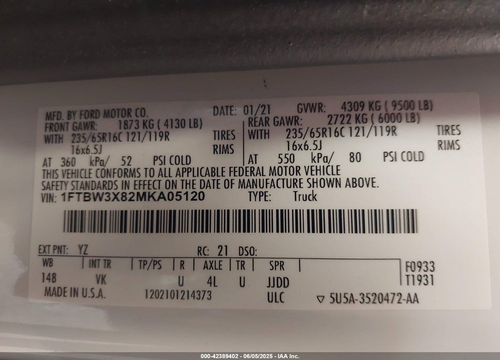 2021 FORD TRANSIT-350 CARGO VAN VIN: 1FTBW3X82MKA05120