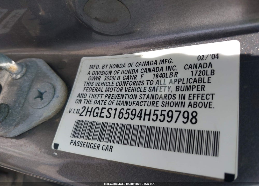 2004 HONDA CIVIC LX VIN: 2HGES16594H559798