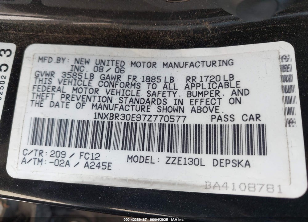 2007 TOYOTA COROLLA VIN: 1NXBR30E97Z770577