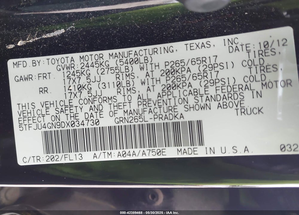 2013 TOYOTA TACOMA VIN: 5TFJU4GN9DX034730