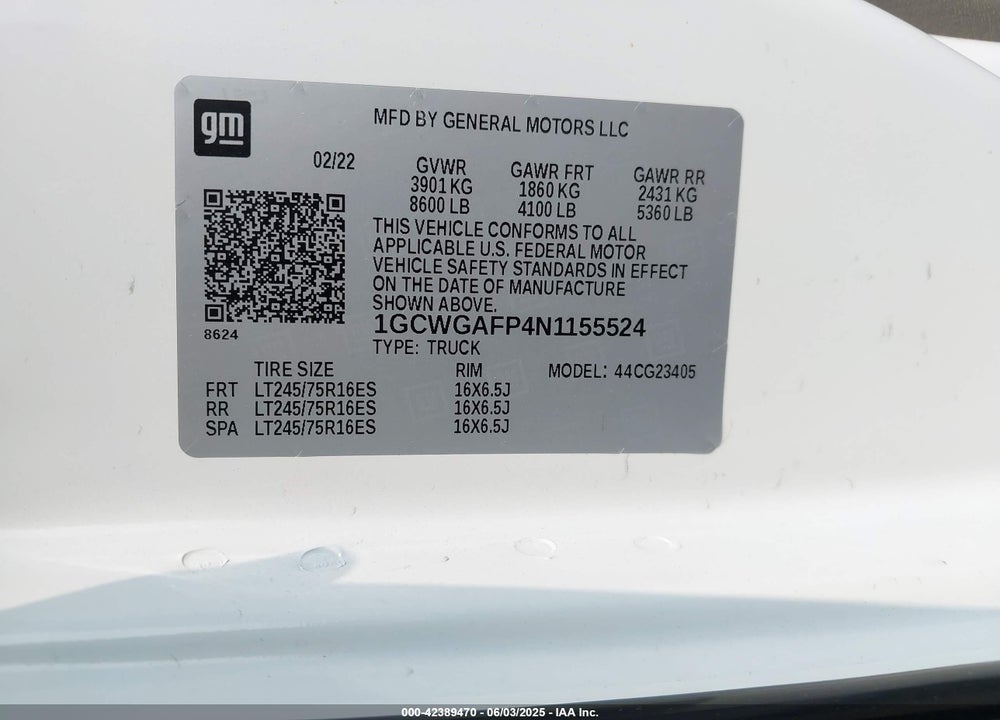 2022 CHEVROLET EXPRESS CARGO RWD 2500 REGULAR WHEELBASE WT VIN: 1GCWGAFP4N1155524