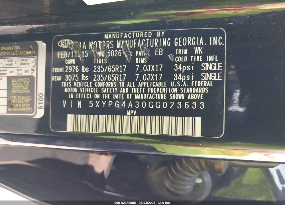 2016 KIA SORENTO VIN: 5XYPG4A30GG023633