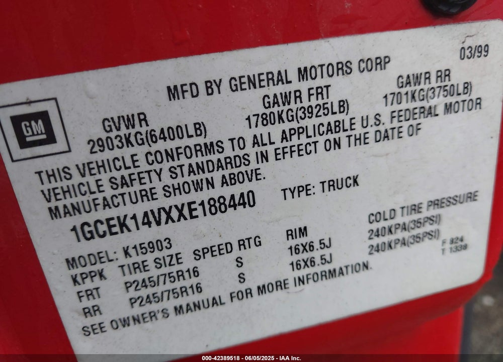 1999 CHEVROLET SILVERADO 1500 VIN: 1GCEK14VXXE188440