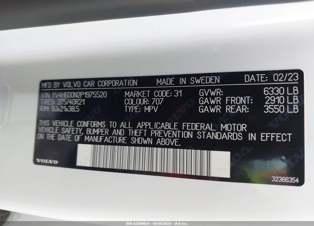2023 VOLVO XC90 RECHARGE PLUG-IN HYBRID T8 PLUS 6-SEATER VIN: YV4H600N2P1975520