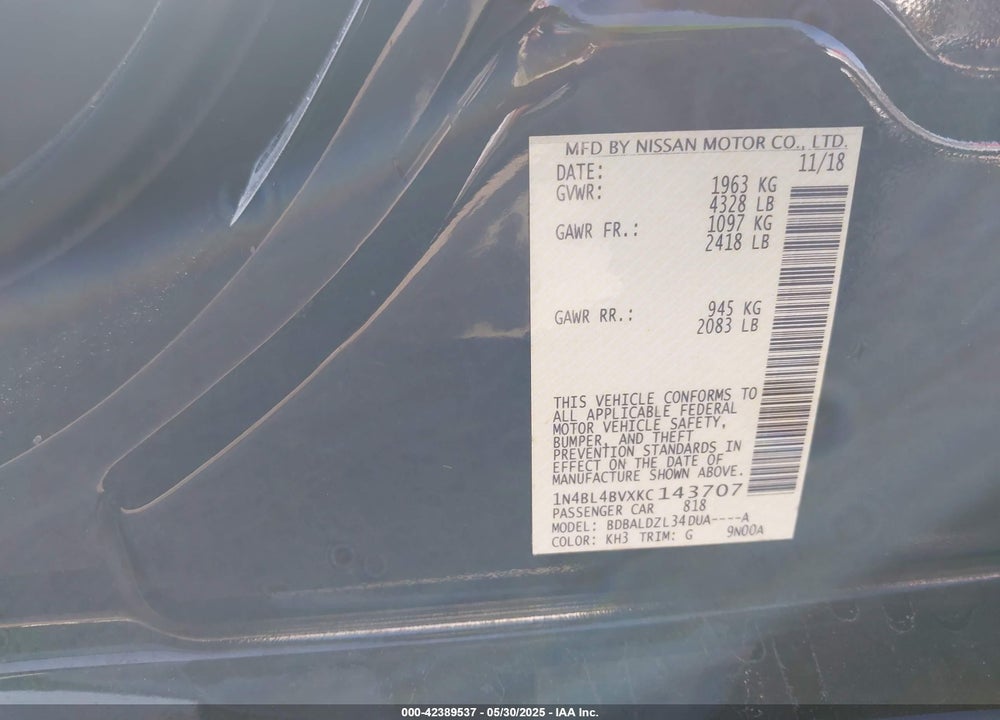 2019 NISSAN ALTIMA VIN: 1N4BL4BVXKC143707