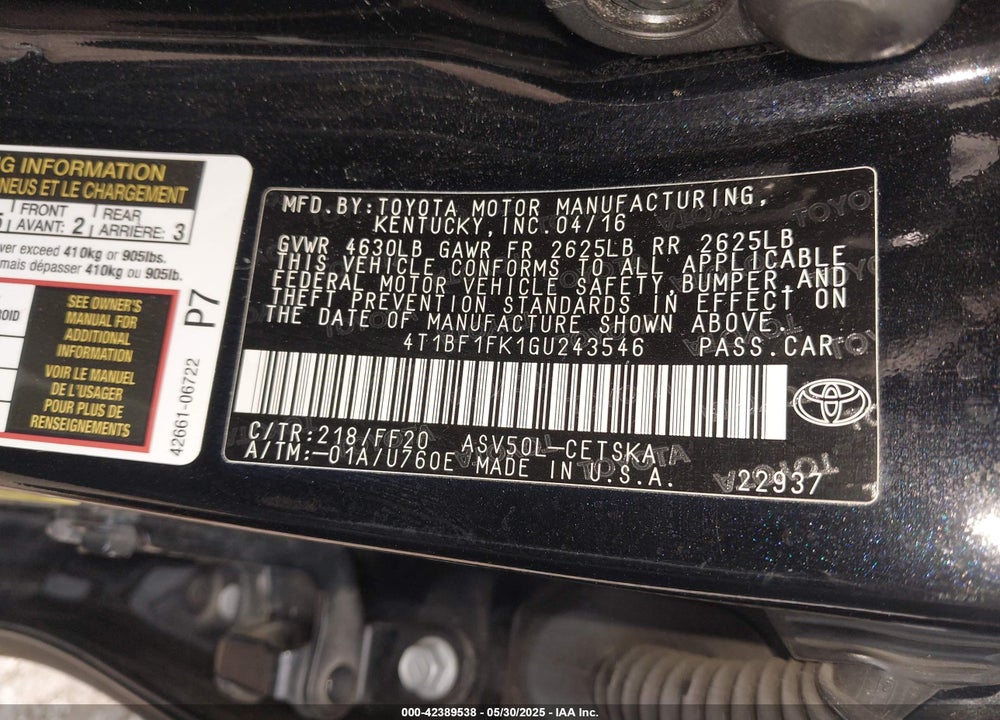 2016 TOYOTA CAMRY SE VIN: 4T1BF1FK1GU243546