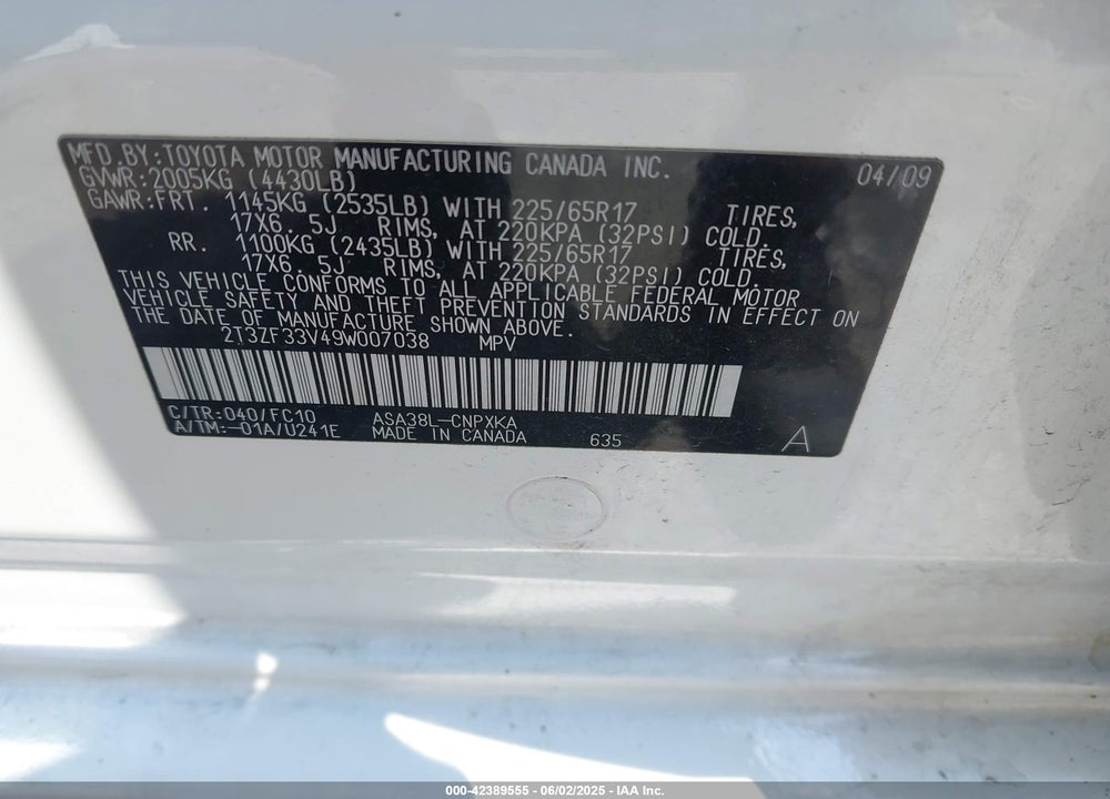 2009 TOYOTA RAV4 VIN: 2T3ZF33V49W007038