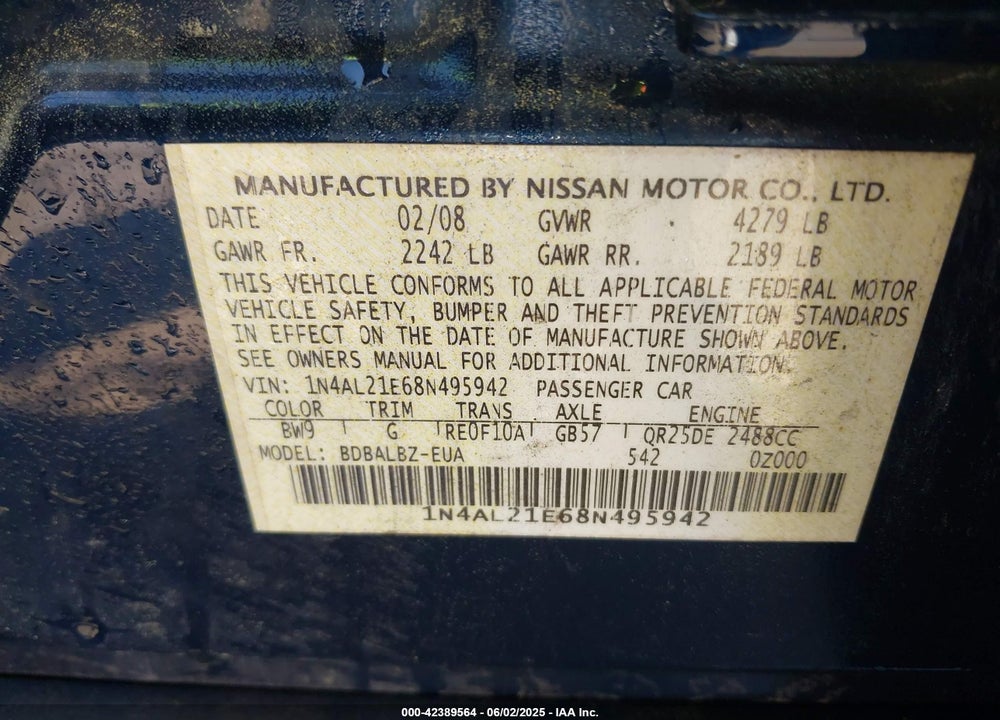 2008 NISSAN ALTIMA 2.5 S VIN: 1N4AL21E68N495942
