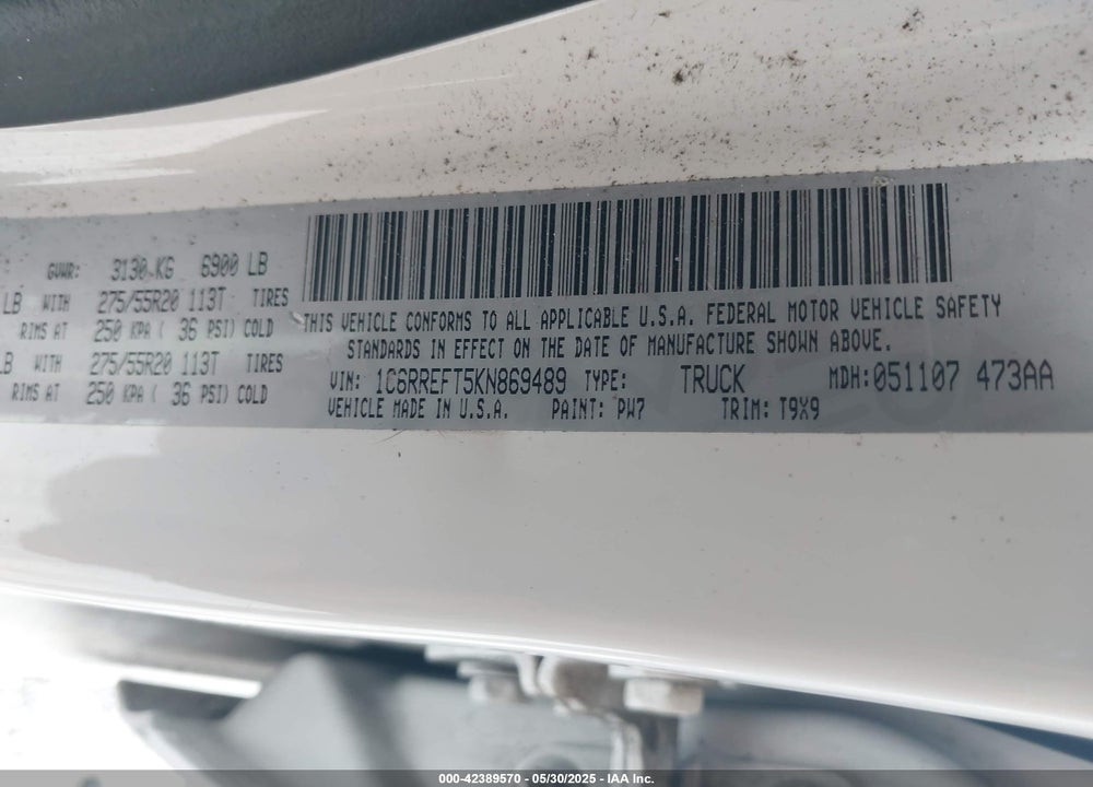 2019 RAM 1500 VIN: 1C6RREFT5KN869489