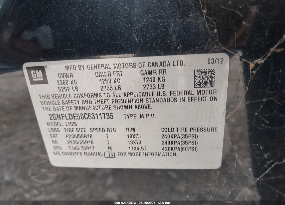 2012 CHEVROLET EQUINOX VIN: 2GNFLDE50C6311735