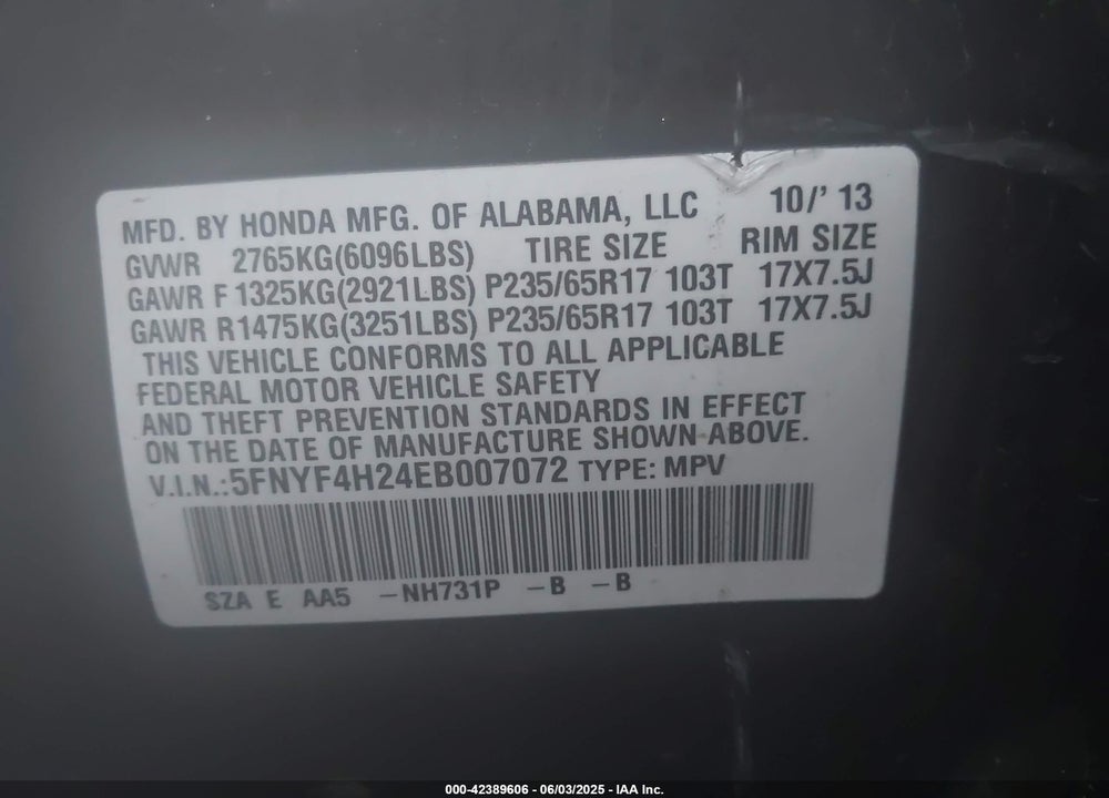 2014 HONDA PILOT LX VIN: 5FNYF4H24EB007072