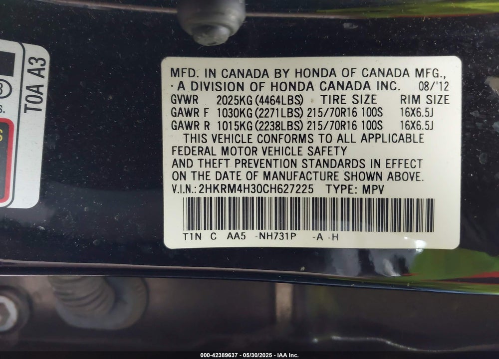 2012 HONDA CR-V VIN: 2HKRM4H30CH627225