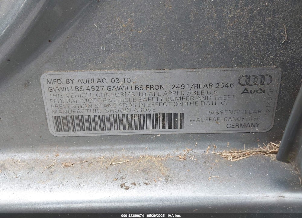 2010 AUDI A4 2.0T PREMIUM VIN: WAUFFAFL6AN057496