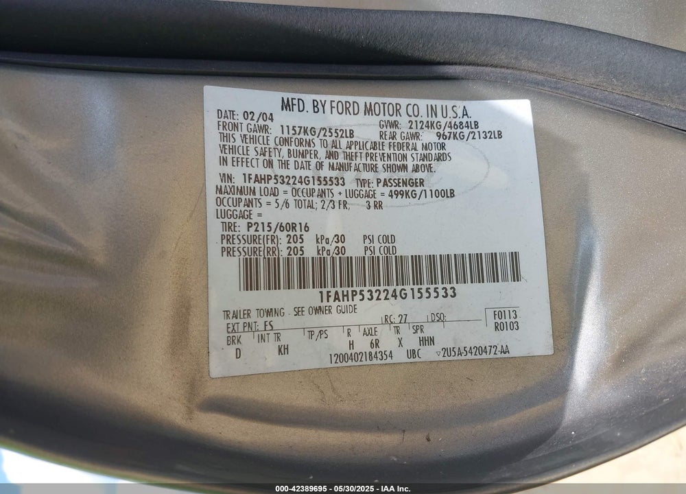 2004 FORD TAURUS SE VIN: 1FAHP53224G155533
