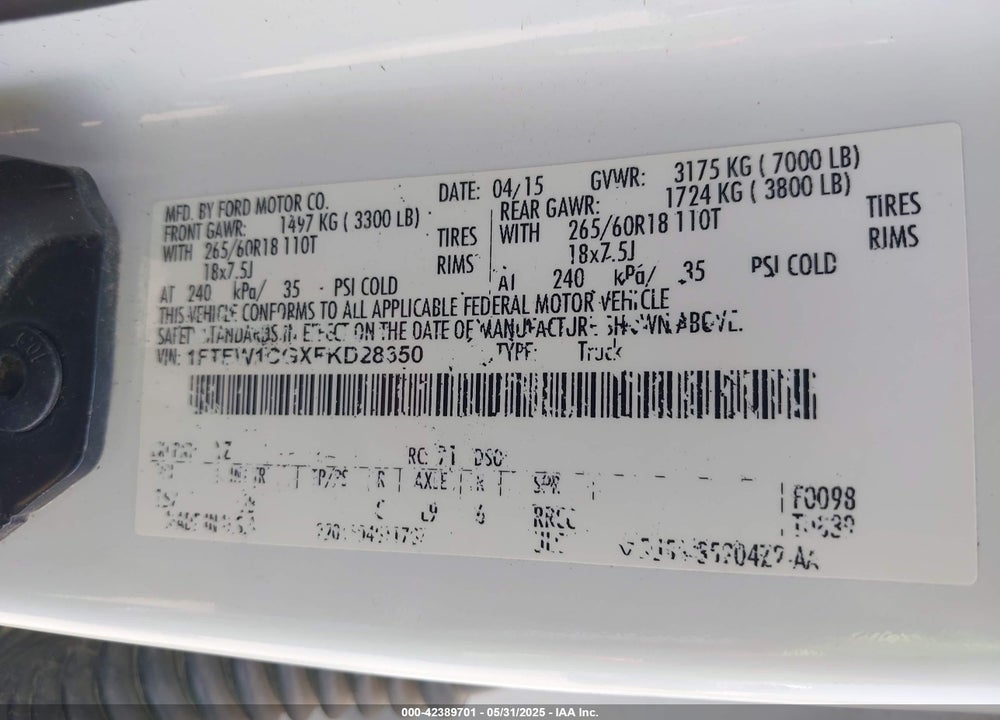2015 FORD F-150 VIN: 1FTEW1CGXFKD28350