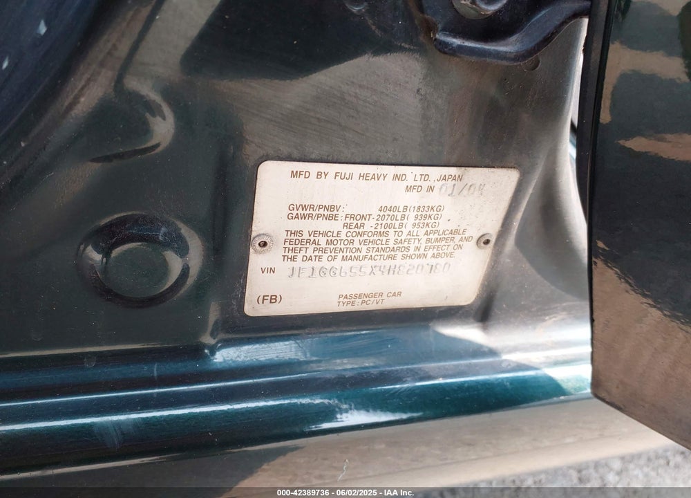 2004 SUBARU IMPREZA 2.5TS VIN: JF1GG655X4H820780