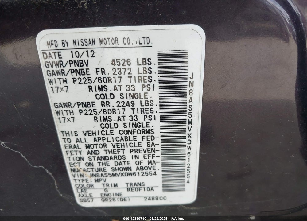 2013 NISSAN ROGUE SV VIN: JN8AS5MVXDW612554