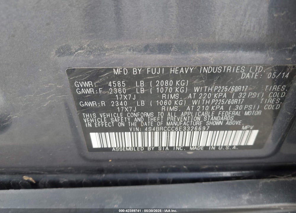 2014 SUBARU OUTBACK 2.5I PREMIUM VIN: 4S4BRCCC6E3326697