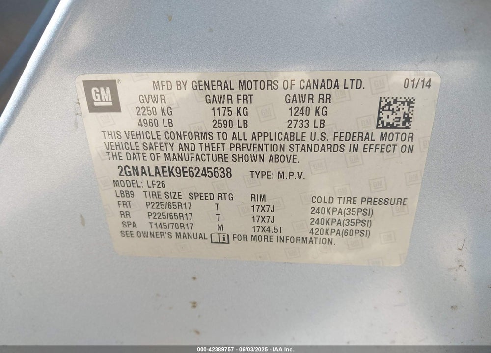 2014 CHEVROLET EQUINOX LS VIN: 2GNALAEK9E6245638