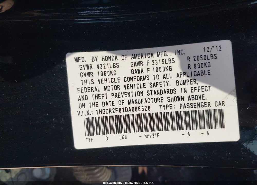 2013 HONDA ACCORD VIN: 1HGCR2F81DA086528