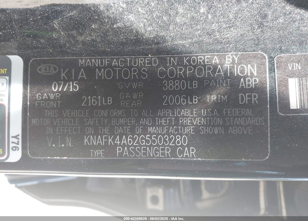2016 KIA FORTE VIN: KNAFK4A62G5503280