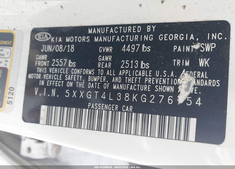 2019 KIA OPTIMA VIN: 5XXGT4L38KG276754